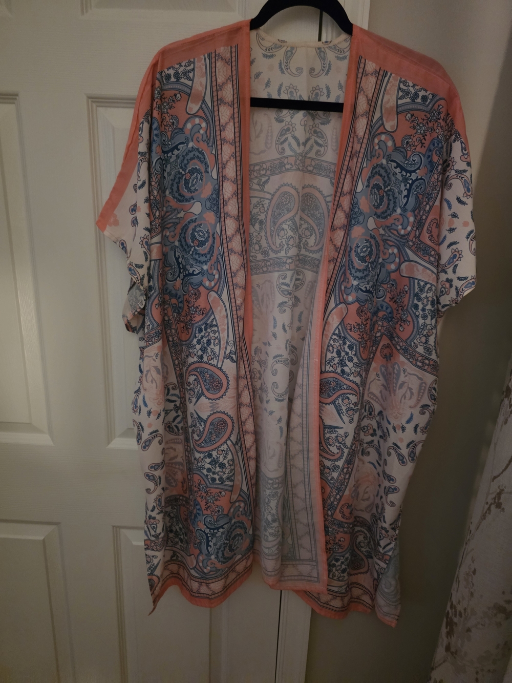 Lightweight Paisley Kimono Cardigan in Coral & Blue